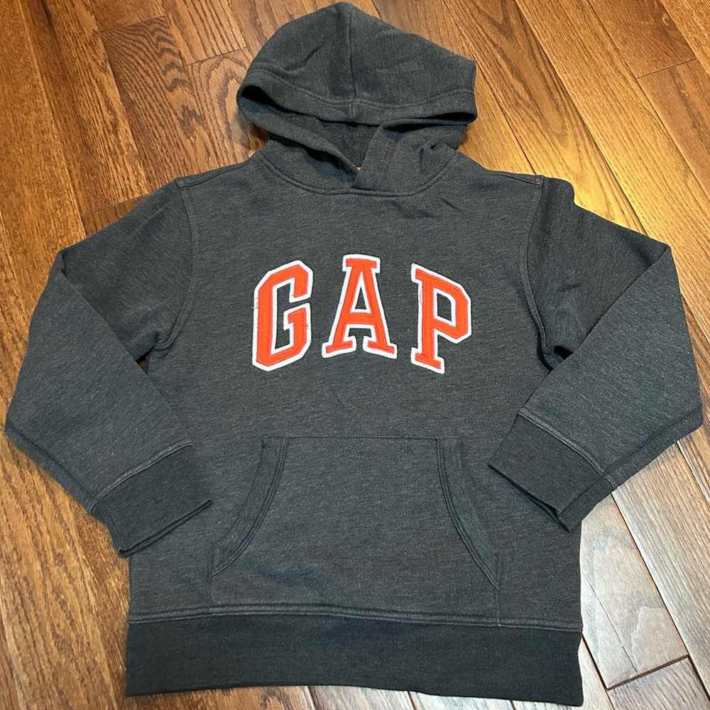 GAP Kids Charcoal Hoodie with Vibrant Orange Logo - size L